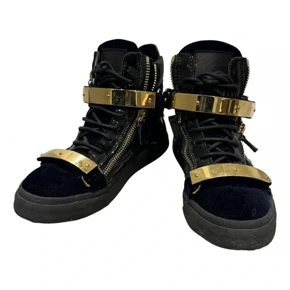 Giuseppe Zanotti Navy Velvet and Gold Sneakers - Picture 4 of 7